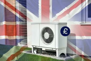 Air source heat pump installation outside a UK house, showing typical system setup and cost indicators for homeowners in the United Kingdom
