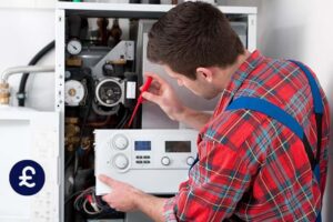 Technician servicing a gas boiler in a UK home to ensure safe and efficient heating.
